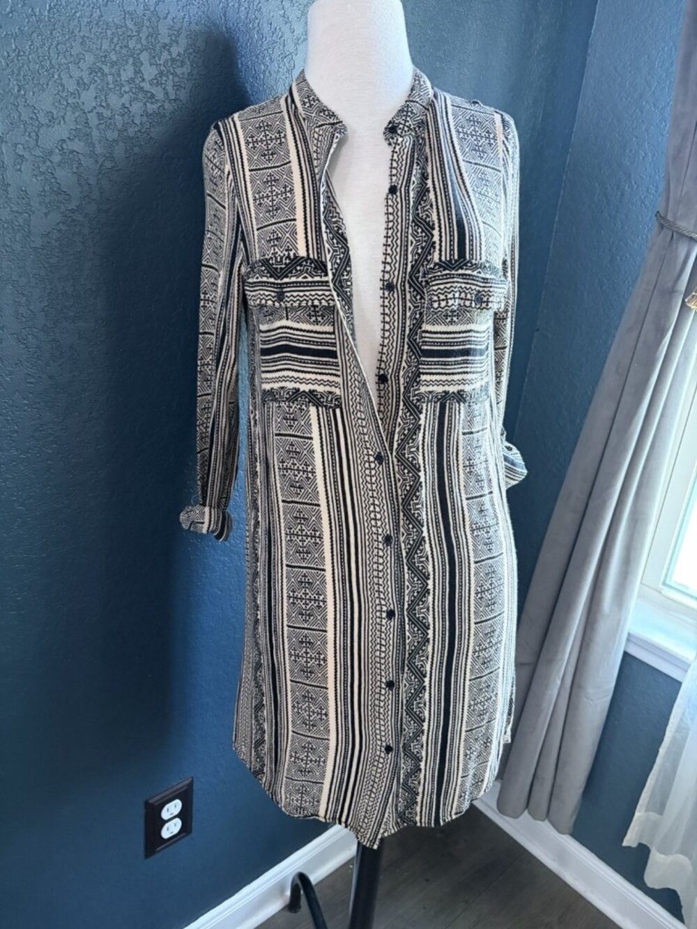 Grifflin Paris Dress Beach Swim Coverup Tab Sleeves Sz Small Black White Print
